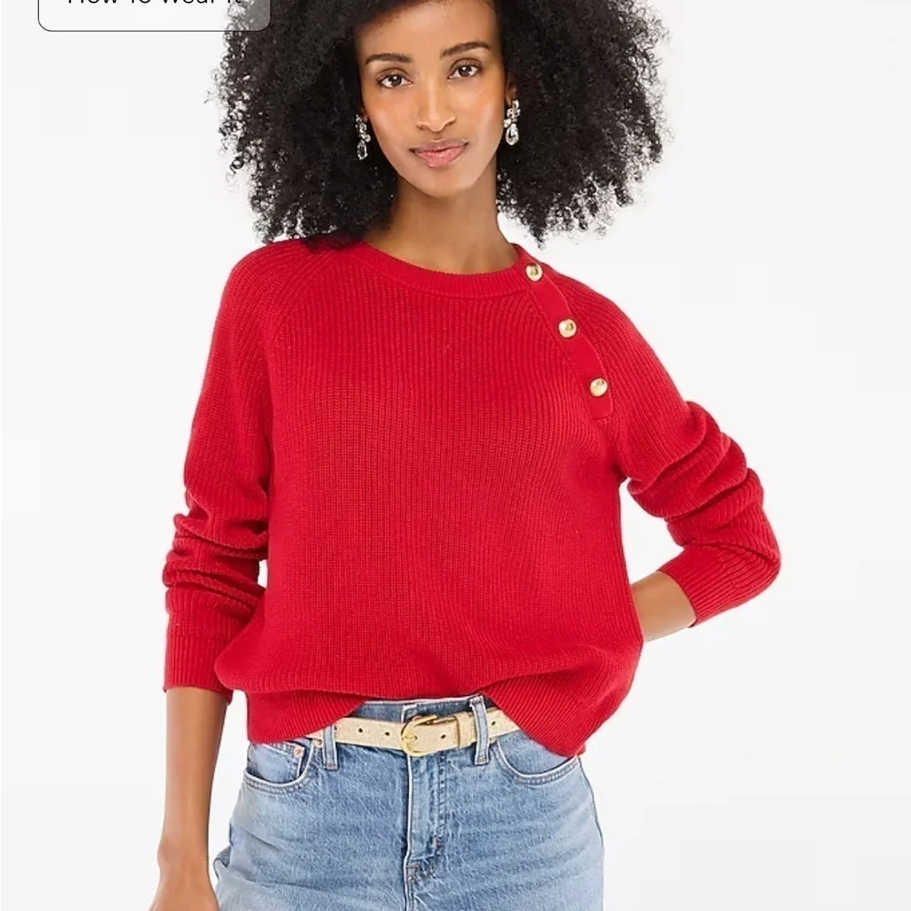 J crew classic cardinal red Button raglan crewneck sweater